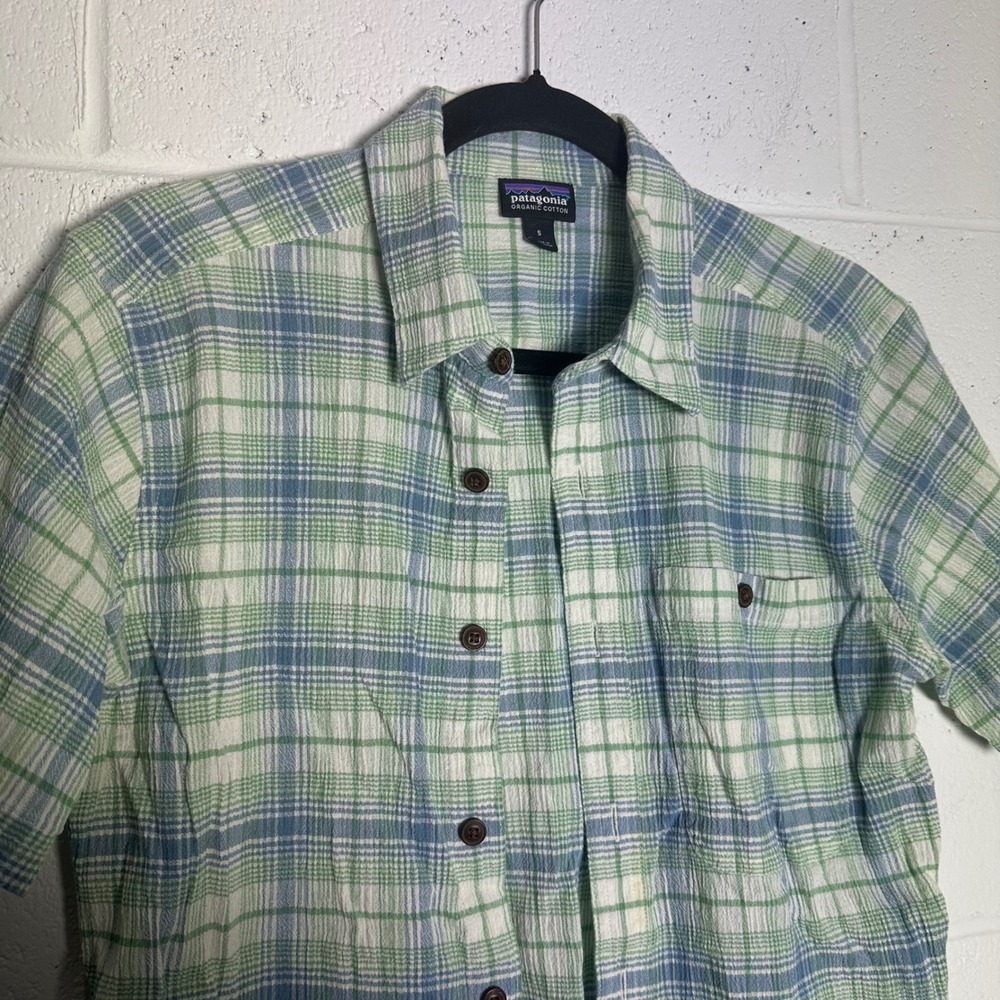 Patagonia Mens Small Green Blue Plaid Organic Cotton Short Sleeve Button Shirt